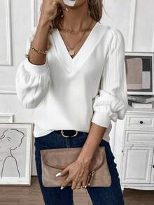 EMERY ROSE 女式纯色V领罗纹长袖休闲宽松T恤，秋季