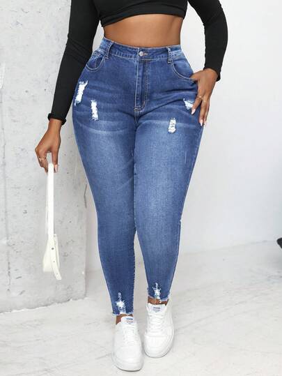 Slaydiva Plus Size High Waist Sexy Skinny Stretch Distressed Blue Jeans
