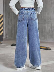 SHEIN Jeans casuales para niñas preadolescentes con cierre de cremallera y cinturilla asimétrica, versátiles para exteriores, fiestas y uso diario - Azul lavado medio - Ver 2