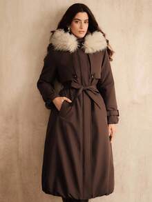 Anewsta 女士口袋腰带设计长袖拉链前毛领连帽长款休闲冬季夹克 - 棕色 - 查看 5