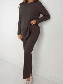 EURMUSE 2pcs Women Solid Color Round Neck Drop Shoulder Split Hem Long Sleeve Ribbed Top And Pants Set - Chocolate Brown - View 3