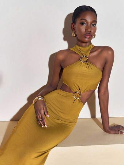 Zivah 20  Autumn New Music Festival, Easter, St. Patrick's Day, Western, Nomadic, Birthday Party, Graduation, College Style, Student Wear, Casual Everyday, All-Match Versatile, Leisure, Cruise Travel, Beach, Sunbathing, Viral , Streetwear, Wedding Guest Boho, Commute, Brunch, Airport, Party & Holiday, Halter Cutout Maxi Metallic Decor Green Dress