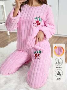 EURMUSE 2件套条纹绒毛面料樱桃刺绣家居睡衣套装 - 粉色 - 查看 1