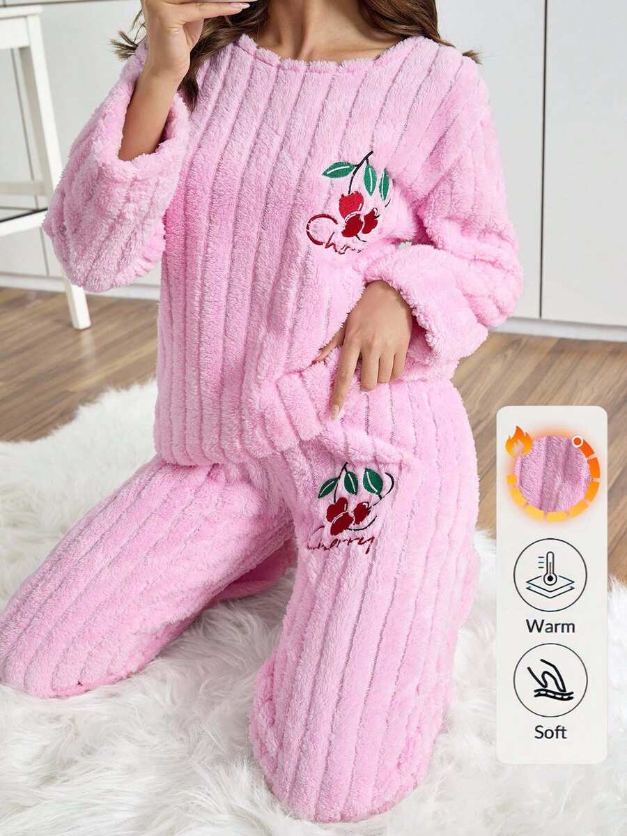 EURMUSE 2件套条纹绒毛面料樱桃刺绣家居睡衣套装 - 粉色 - 查看 1