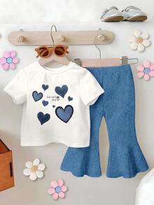 SHEIN Playful Pals 2 Peças Conjunto de Calças Flare para Bebê Menina, Primavera/Outono, Denim Falso e Estampa de Coração, Conjunto Casual Fofo para Uso Externo