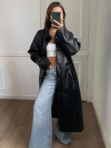 Livesso 女式秋季 PU 皮革长款翻领风衣 - 黑色 - 查看 6