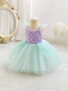 Glamorique Kids 女婴公主裙，吊带短袖，紫色，圣诞节女婴裙，派对礼服，新年礼服，圣诞儿童礼服，正式礼服，舞台表演礼服，优雅连衣裙 - 綠色 - 查看 4