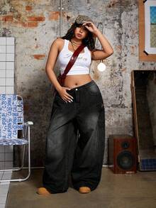 SHEIN ICON Quần jean ống rộng cài nút thời trang thường ngày cỡ lớn cho nữ - màu đen - Xem 4