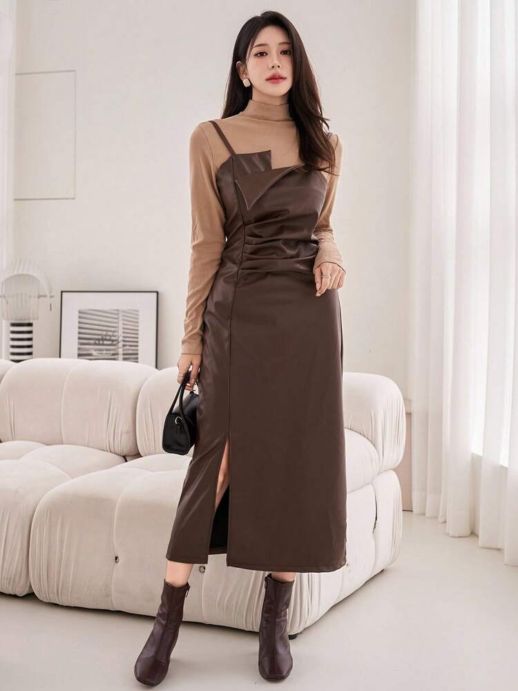 Women's Elegant Solid Color Pleated Slit Slip Dress With PU, Mid-Length, Autumn