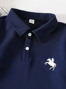 SHEIN 青少年男孩长袖 Polo 衫，海军蓝，撞色字母印花，休闲，舒适，百搭，面料柔软，适合日常穿着、上学、郊游、户外活动、正式场合、派对、秋冬、返校 - 藍色 - 查看 4