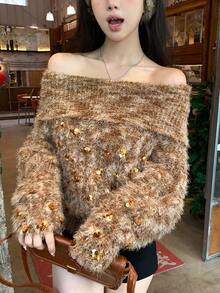 DAZY 女士露肩亮片长袖毛衣，秋冬/新年款 - 咖啡棕 - 查看 7