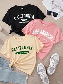 SHEIN EZwear Set de 3 camisetas de cuello redondo de manga corta, ajustadas y cortas con estampado "CALIFORNIA LOS ANGELES" en estilo minimalista y casual, adecuadas para el verano - Multicolor - Ver 1