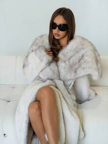 SHEIN ICON 秋冬女士仿毛领长袖时尚长款外套 - 米色 - 查看 8