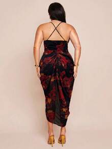 SHEIN BAE 加大码女款紫色网眼印花褶饰高开衩垂坠领吊带背心裙，春夏，Y2K，美国独立日服装，性感女款夜店服装，乡村音乐会服装，美国独立日，女款音乐会服装，狂欢节服装，女款西部服饰，毕业礼服，女款度假服装，碎花，女款夏季服装，优雅女款连衣裙，太阳裙，飘逸连衣裙 - 紅色 - 查看 2