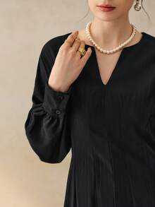 INAWLY Women's Solid Color V-Neck Batwing Sleeve Elegant Mid-Length Dress - Black - View 4