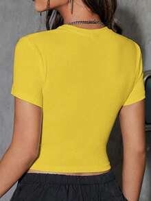 INAWLY 女式猫咪印花圆领短袖短款休闲 T 恤，夏季图案 T 恤女式上衣 - 黃色 - 查看 2