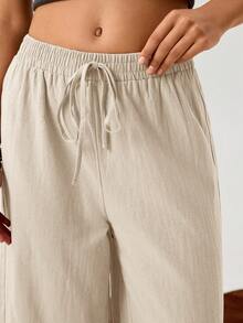 SHEIN LUNE 女士休闲亚麻混纺九分裤，卡其色，适合返校、教师制服、秋季 - 卡其色 - 查看 6