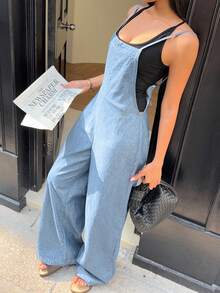 Siren Gaze Women's Casual Loose Long Denim Bib Pants And Jumpsuit, Blue Winter - Light Wash - View 4