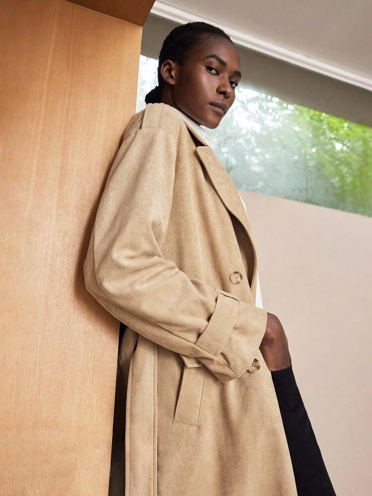 SHEIN Maija Abrigo casual de trinchera de doble botonadura con cuello solapa y manga larga de unicolor para mujer en otoño/invierno