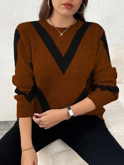 Elenzga 大码女式休闲时尚修身圆领长袖提花针织套头衫，秋冬