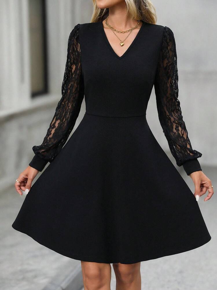 Women's V-Neck Contrast Lace Long Sleeve Elegant Mini Dress