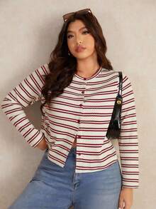 Elaquor 秋季大码女式条纹长袖单排扣休闲T恤
