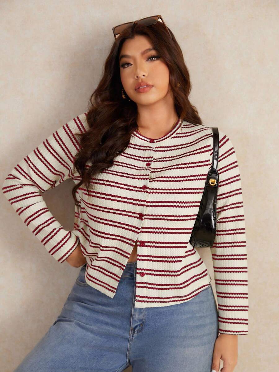 Elaquor 秋季大码女式条纹长袖单排扣休闲T恤