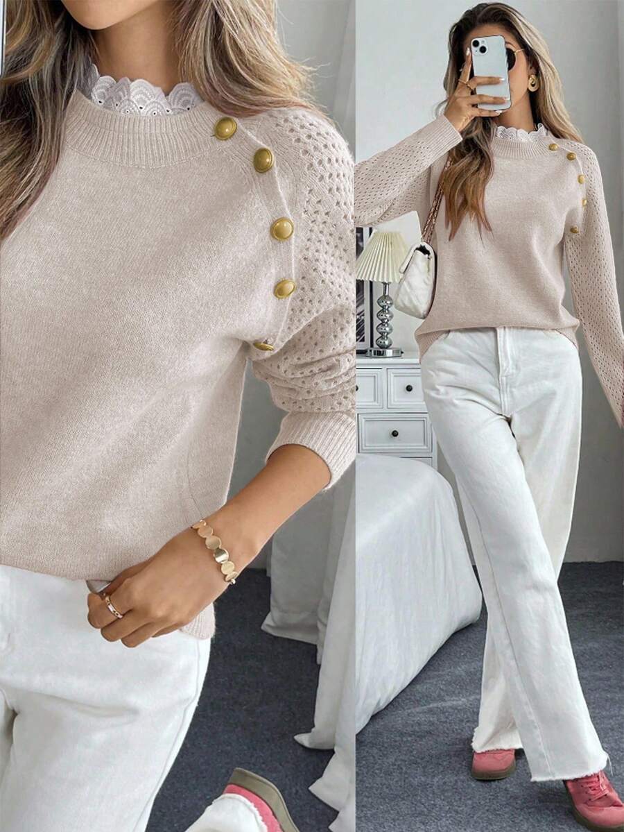 EMERY ROSE 全新花卉装饰圆领宽松休闲女式毛衣 - 杏色 - 查看 1