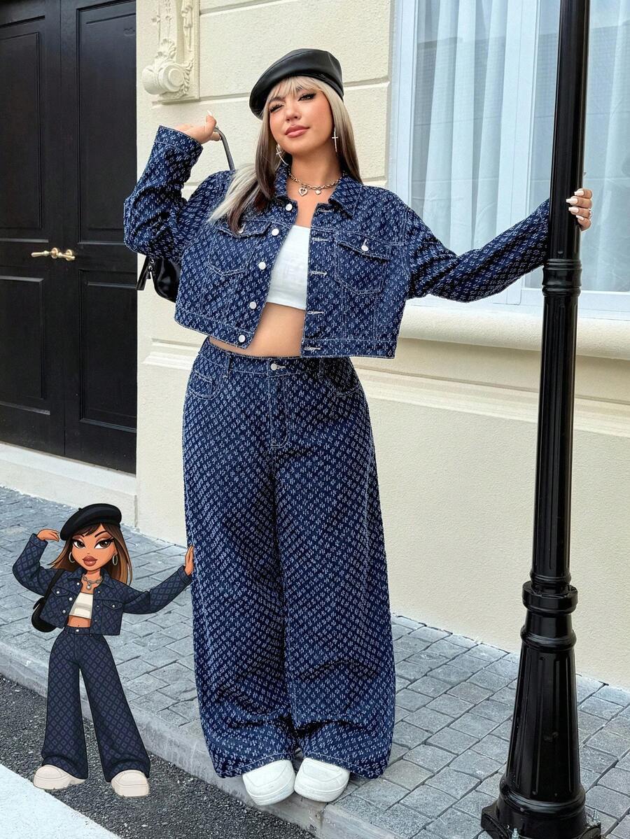 SHEIN ICON Quần ống đứng denim móc len cỡ lớn cho nữ - Rửa tối - Xem 1
