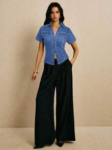 Poéselle 女式短袖单排扣修身休闲牛仔夹克 - 中等水洗藍 - 查看 4