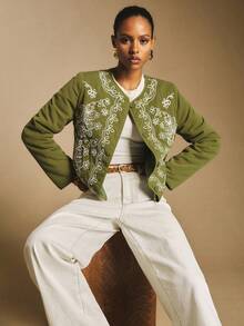 Poéselle 女士休闲复古保暖长袖纽扣式棉服 - 軍綠色 - 查看 2