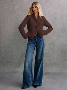 Poéselle 女士纯色长袖单排扣休闲宽松针织开衫，秋冬 - 巧克力棕 - 查看 2