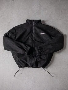 PAVTROS Men's Long Sleeve Autumn Letter Printed Zip-Up Casual Thermal Lined Corduroy Jacket, Y2k Streetwear Baggy Jacket - Black - View 3