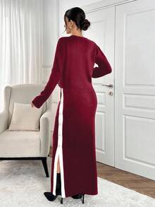 EURMUSE 2pcs Women Cardigan And Maxi Dress Sweater Set, With Rhinestone Buttons And Side Rhinestone Details,Co Ord,Winter Clothes - Burgundy - View 2