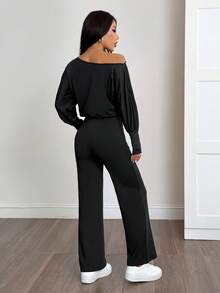 SHEIN PETITE Women's Solid Color Asymmetric Collar Casual Jumpsuit, Suitable For Petite,Fall Clothes For Women,Chic Women's Jumpsui,Elegant,Civil Wedding,Wedding Guest , Party,Home, Leisure, Comfort Upgrade,Sporty, Multifunctional - Black - View 10