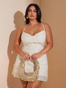 SHEIN BAE Đầm dự tiệc hở lưng đính sequin màu mơ cỡ lớn cho nữ, dây buộc gợi cảm và thanh lịch - Màu be - Xem 3