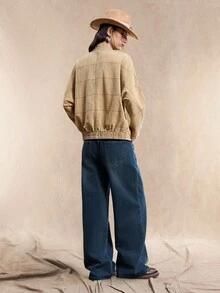 Easelle Women's Plaid Batwing Sleeve Zip-Up Casual Denim Jacket, Autumn Western Jacket Women Boho Western Tops Cowboy Shirts Women Women Western Tops Western Shirts For Women Women Western Clothing Cowboy Shirt Women Women Western Jacket