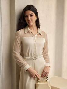 ZEYLAH 优雅女士波尔卡圆点网眼拼布长袖衬衫 - 杏色 - 查看 7