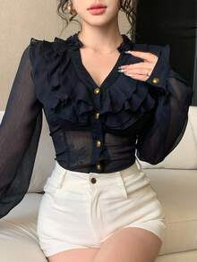 DAZY Women's Layered Ruffle Patchwork Slim Fit Sexy Sheer Chiffon Blouse With Metal Button Decor, Long Sleeve, Suitable For Autumn, Spring & Summer - Navy Blue - View 6