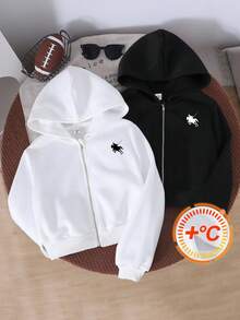 SHEIN 2件套青少年女孩宽松休闲黑色连帽拉链运动衫 - 黑與白 - 查看 1