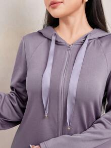 Veilorie Women's Casual Zip-Up Solid Color Hooded Long Sweatshirt Dress In Fall/Winter - Dusty Purple - View 7