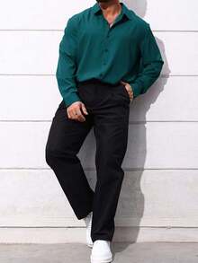 Manfinity Homme Plus Size Men's Casual Solid Color Long Sleeve Loose Fit Shirt, Spring/Autumn, For Fall - Dark Green - View 6