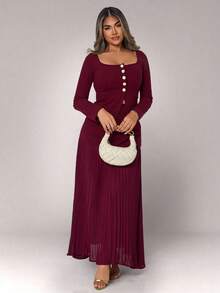Xyvia 2pcs Women Set: Solid Color Button Front Top And Pleated Skirt Fall Cloth For Women - Burgundy - View 4