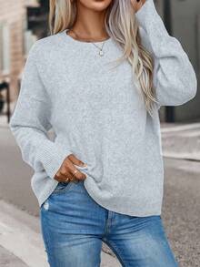 EMERY ROSE 女士休闲宽松纯色圆领落肩长袖毛衣，秋季 - 淺灰色 - 查看 6