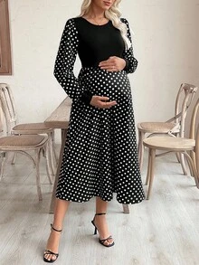 SHEIN 休闲宽松长袖圆领舒适哺乳连衣裙 - 黑色 - 查看 4