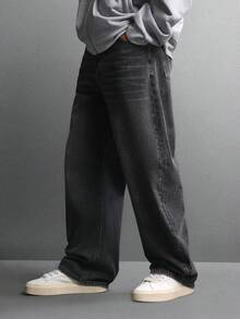 Quần jeans ống rộng cao cấp SUMWON, dáng suông thoải mái, kiểu skater, thích hợp cho mùa thu đông, phong cách đường phố hiện đại, màu trơn. - màu đen - Xem 4