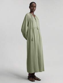 Ontre 2025 秋季女装纯色流苏领口灯笼袖休闲长裙，优雅连衣裙，适合度假、海滩、音乐节、万圣节、圣诞派对、乡村音乐会 - 綠色 - 查看 6