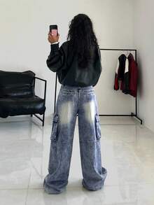 StreetHx Women's Casual Washed Wide Leg Cargo Jeans - Blue - View 4