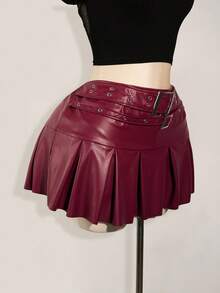 SHEIN ICON Plus Size Leather Belt Buckle Metal Decor Waist Pleated Mini Skirt Burgundy Rave 90s Autumn Sexy Fall Concert - Burgundy - View 4