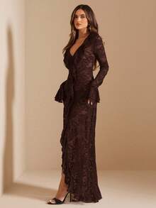 SHEIN BAE 夏日度假早春纯白性感简约优雅长袖荷叶边深V名媛蕾丝简约淑女连衣裙，情人节连衣裙，派对连衣裙，浪漫约会连衣裙，婚礼伴娘服，舞会连衣裙，日常通勤连衣裙，生日连衣裙，节日连衣裙 - 咖啡棕 - 查看 4